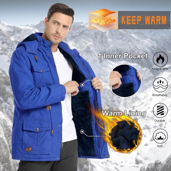 Mens Royal Blue Thick Winter Jacket Hooded Fleece Lined Cotton Military Coat - Picture 2 of 6